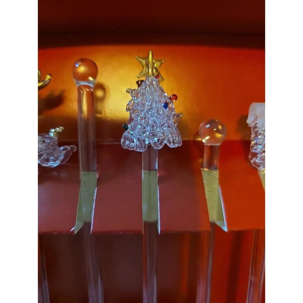 Boston Warehouse Glass Swizzle Stick Set Set Of 6 Christmas Tree Stocking...